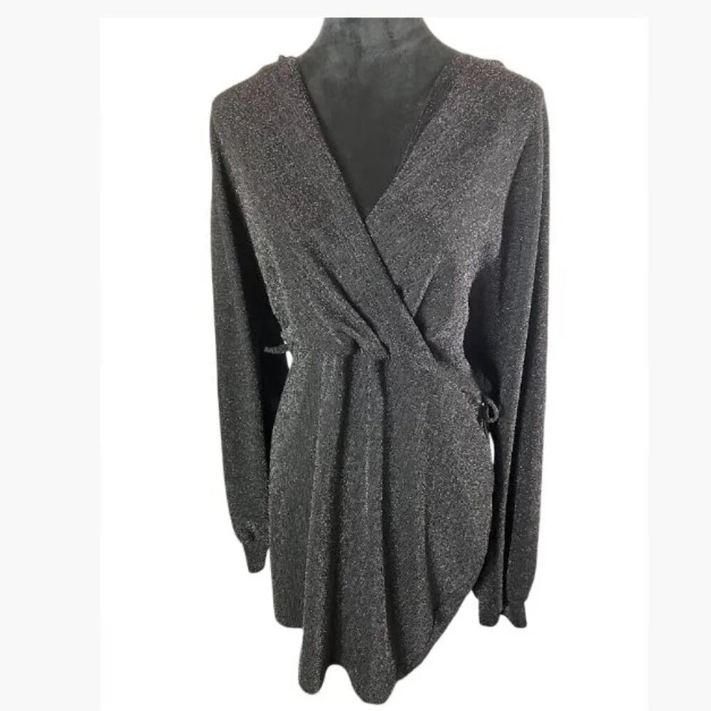 Feral Apparel Black Metallic Faux Wrap-Style Body-Con Dress Size 3XL EUC
